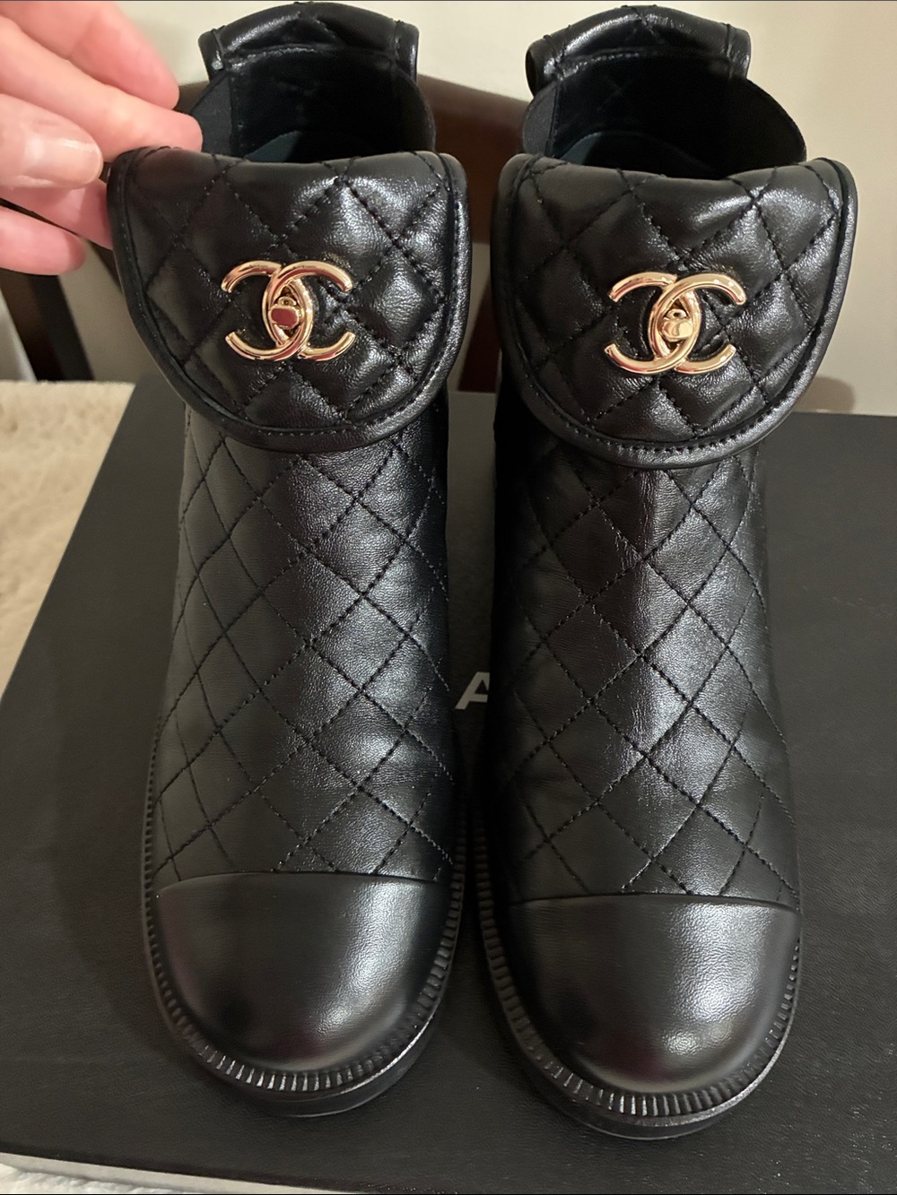Authentic CHANEL Black Quilted Leather Ankle Boots with Gold CC Hardware - Picture 4 of 12